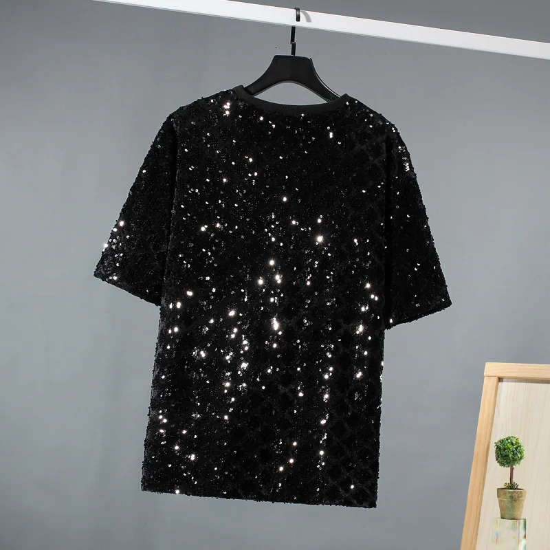 2025 Shiny Sequin Short Sleeve T-shirt Nightclub DJ Hip Hop Punk Tshirt Stage Costume Mens Harajuku Streetwear 250217