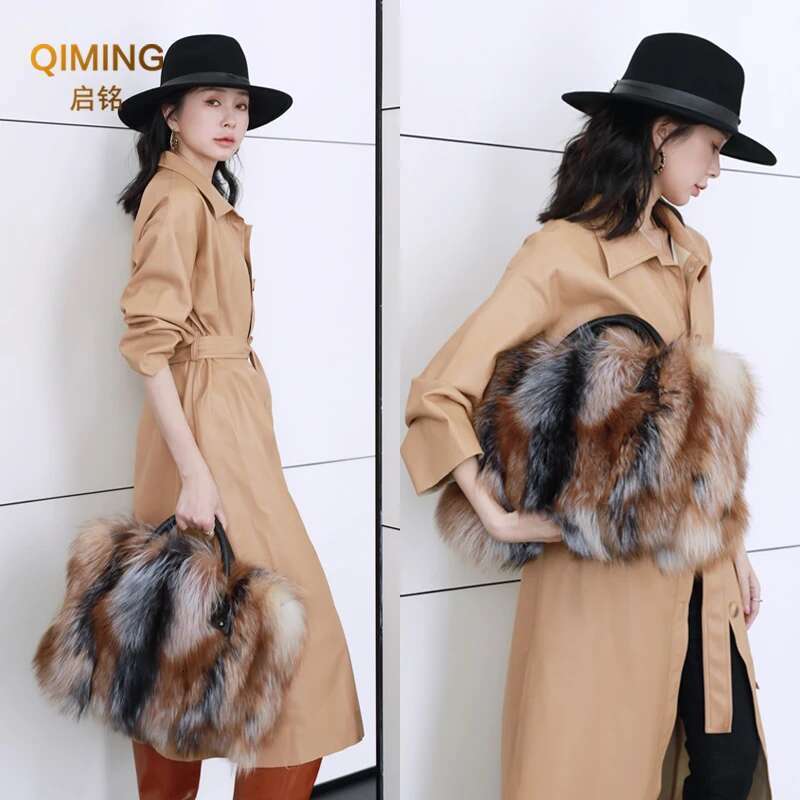 Real Fox Fur Woman Big Ladies Crossbody Bags Designer Handbags Women Handbag Shoulder Fluffy Tote Bag Fuzzy