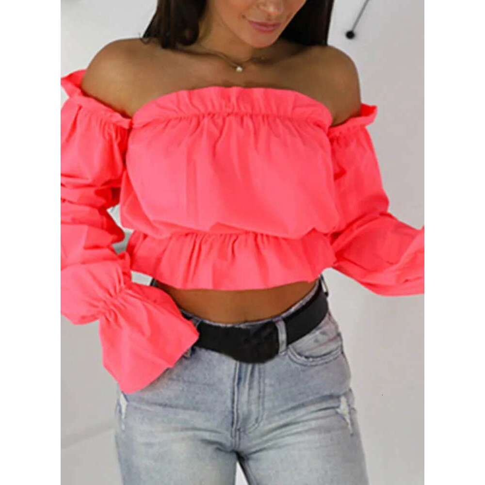 2024 Candy Color Off Shoulder Crop Tops Women Summer Dot Print Lantern Sleeve Shirts Lady Sexy Slash Neck Beach Blouse