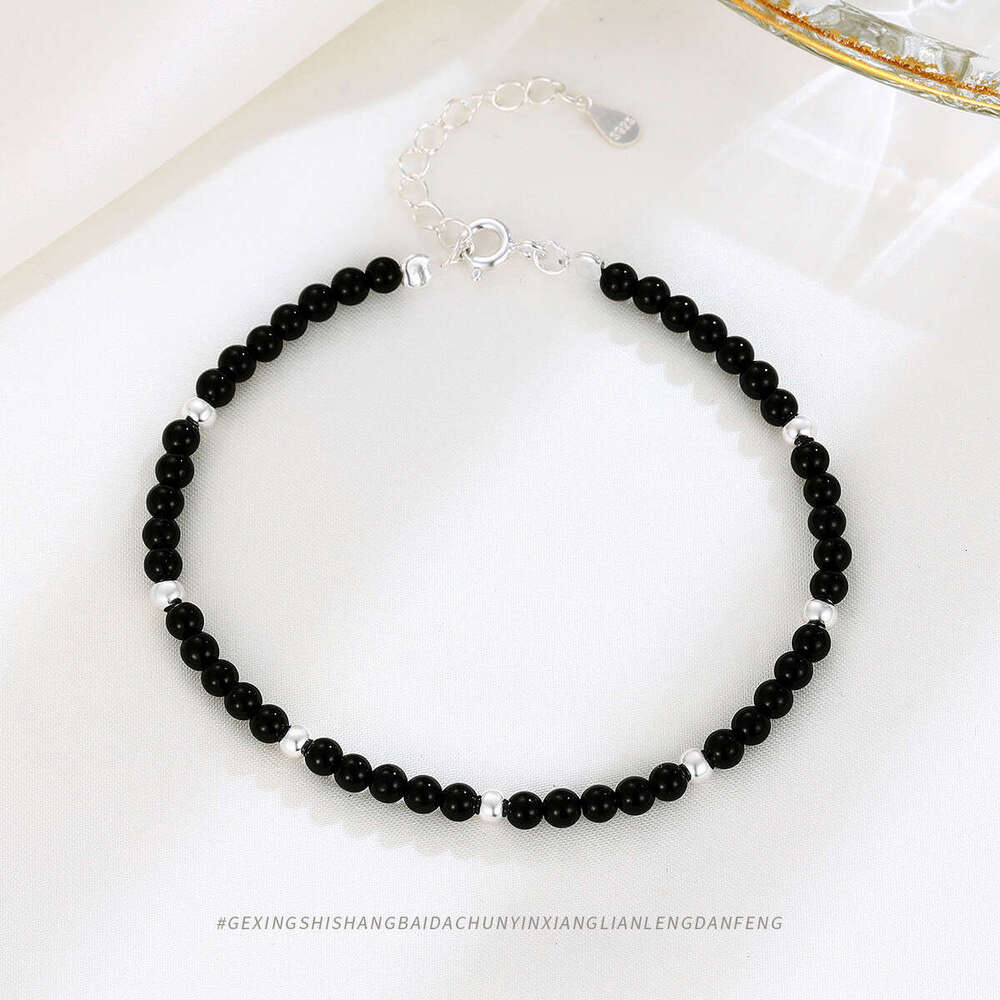 S pure sier versatile round black agate bracelet, niche simple accessory, light fashion, layered bead bracelet for women