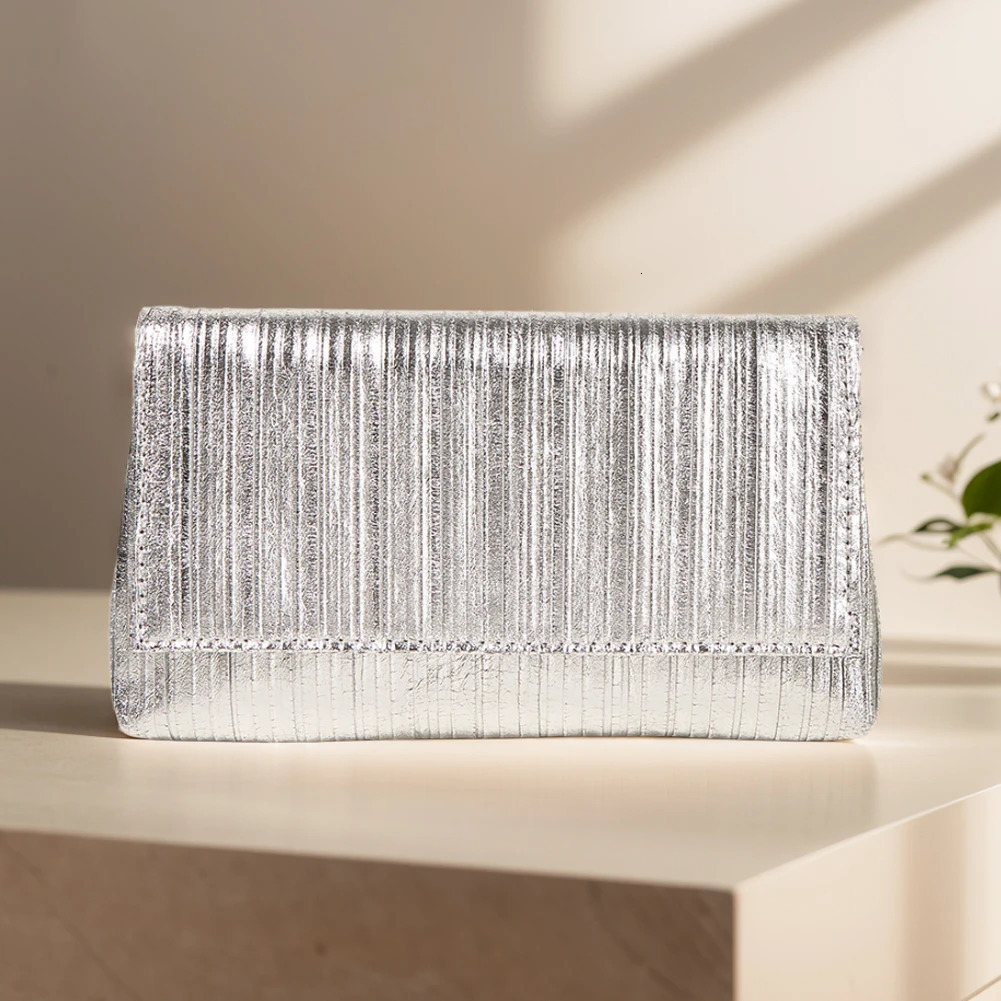 Pleated Metallic PU Clutch Purse Women Evening Bag Flap Envelope Handbag Shiny Hobo Wedding Party Bridal 250213