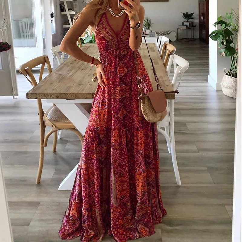 Spaghetti Strap Dresses For Women Vintage Printed Bohemian Style Beach Dress Fashion Sexy V-neck Lady Maxi A-line Dresses 250213