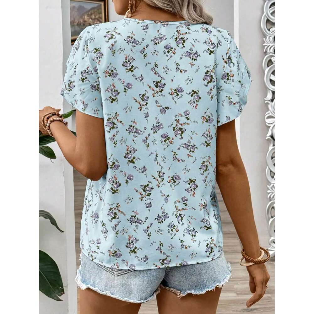 Elegant Casual Women's V-Neck Holiday Ruffled Short Sleeve Ral Summer Shirt For Women