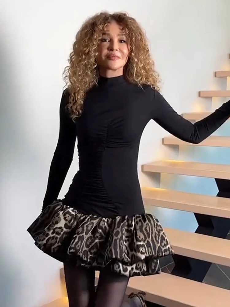 Basic Casual Dresses Fantoye Turtleneck Patchwork Print Polka Dot Women Mini Dress Leopard Long Slve Dress Female Winter Skinny Elegant Strtwear H2521