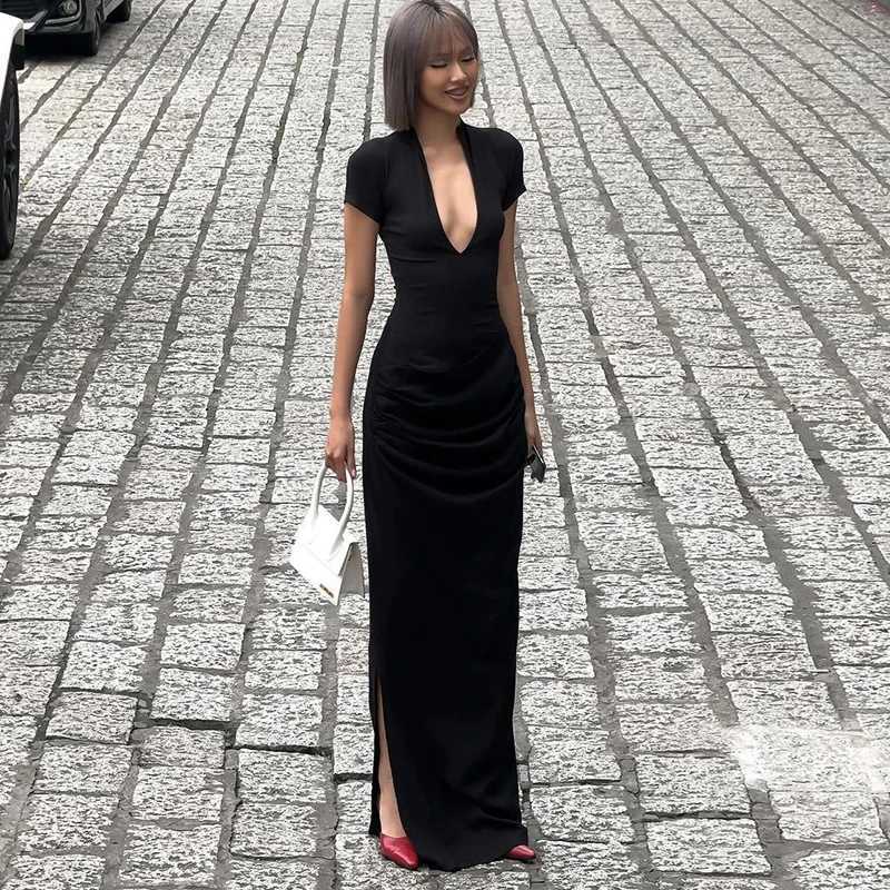 Basic Casual Dresses Lygens Dp V Short Slve Ruched Slit Side Elegant WomenS Dresses Evening Party Club Prom Ladies Dropshipping Casual Clothing H25217