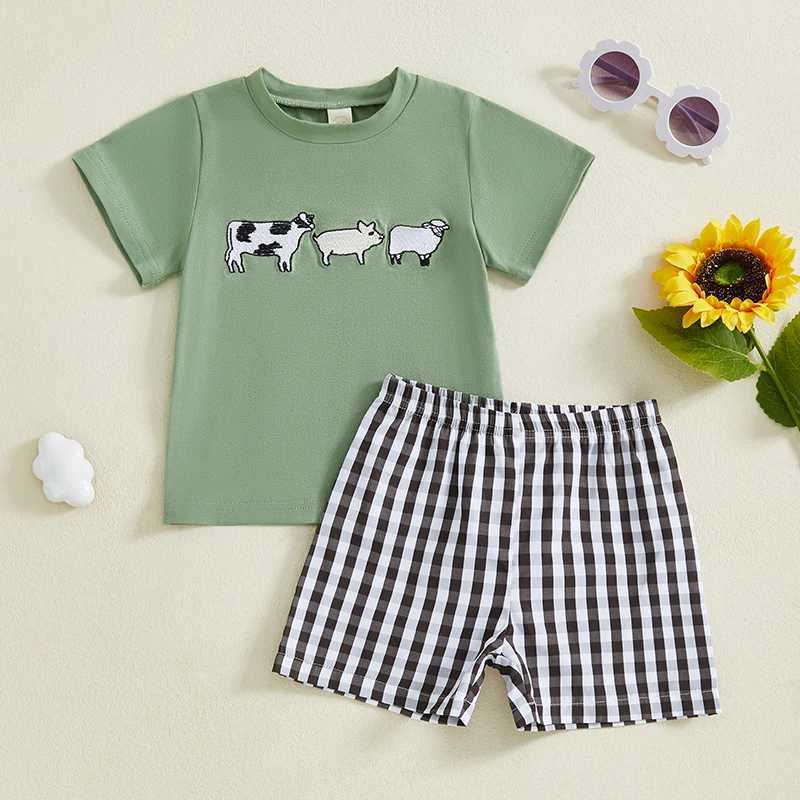 2024-12-23 Free Baby Boys Summer Outfits Car Pattern Short Sleeves T-Shirt and Elastic Plaid Shorts Set Clothes Set W250218