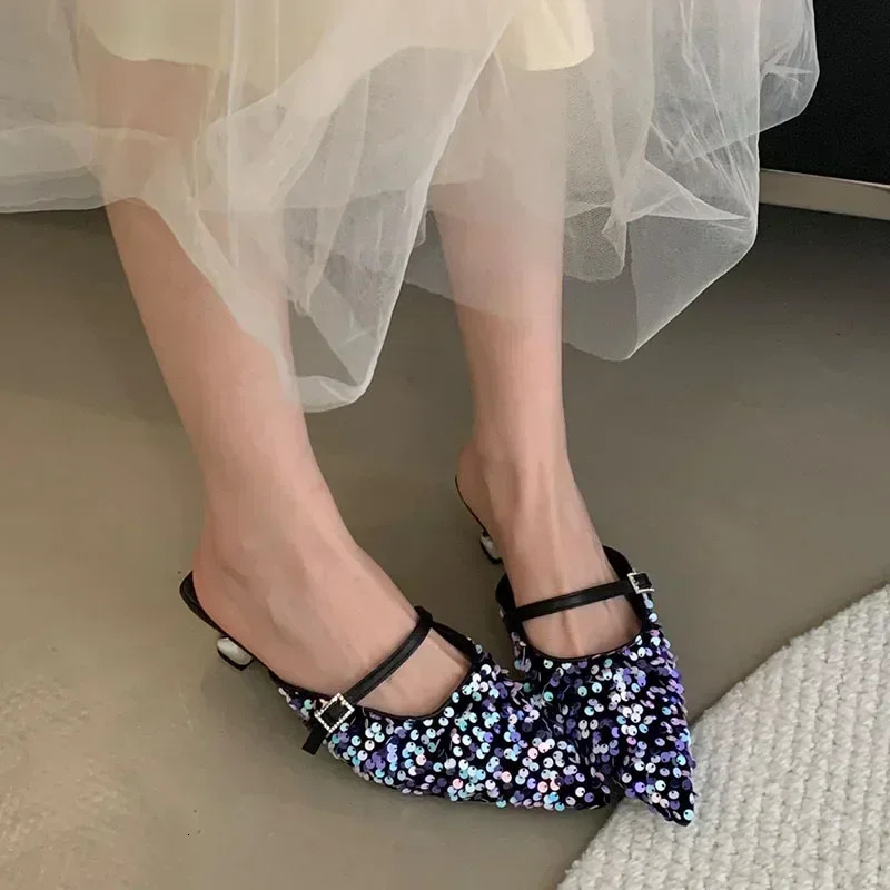 Colorful Bling er Slide Sandals Women Summer Sexy Pointed Toe Women Slippers Elegant Low Heeled Mules Loafers 250213