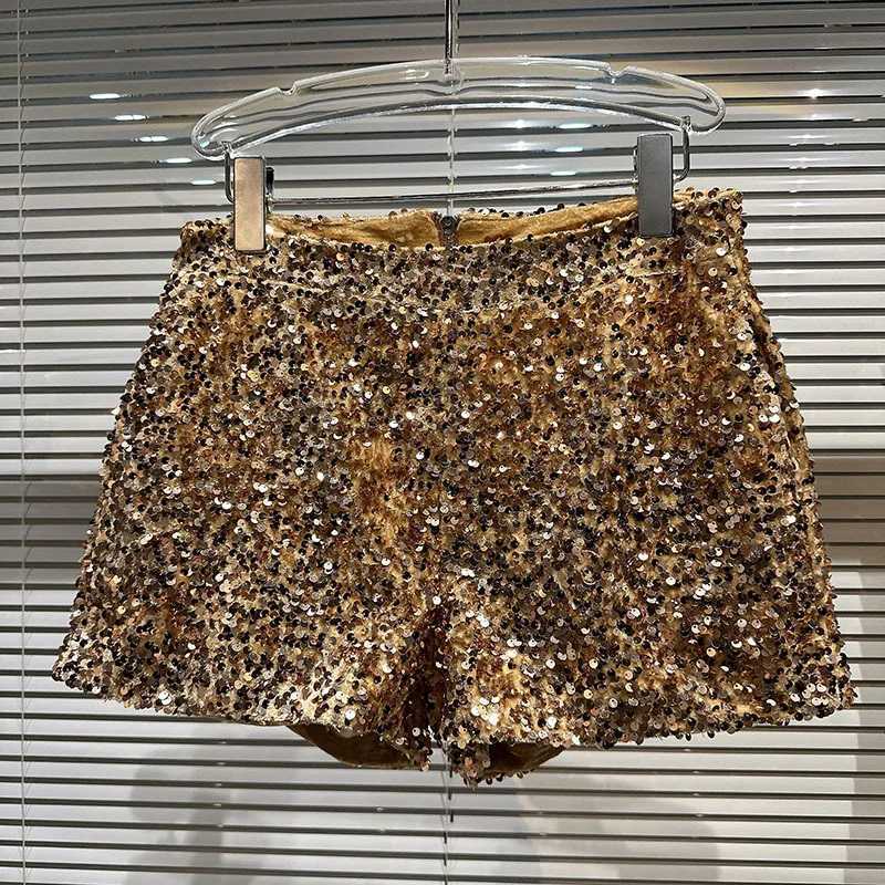 New Clubwear Shorts Ladies Sexy Sequins Shorts Loose High Waist Streetwear Wide Leg Short Pants Sr Black Women ClothingXJ250217