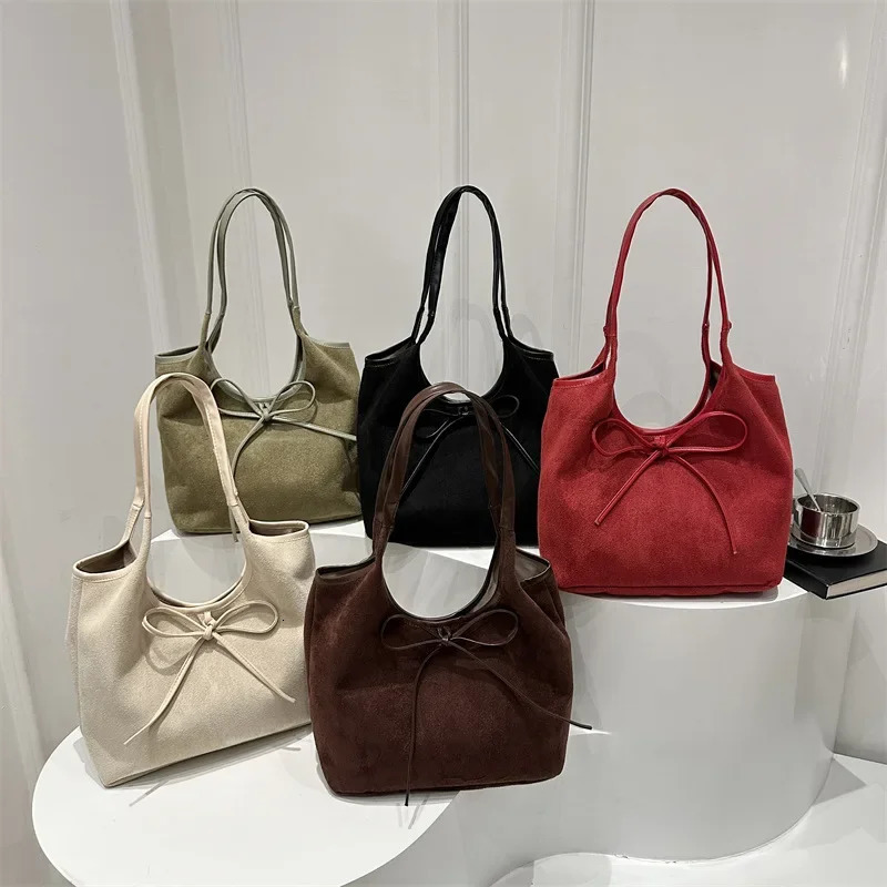 Fashion Bow n Shoulder Bags for Women Vintage Faux Suede Ladies Underarm Tote Bag Female Large Capacity Handbags 250206