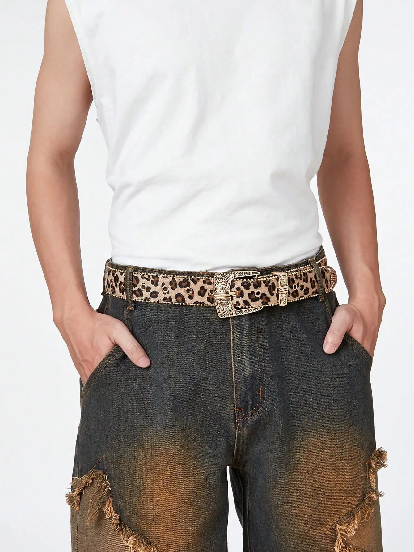 1pc Men Leopard Vintage Engraved Metal Buckle Pearl Edged Jeans Belt Versatile For Casual Wear Halloween 250218