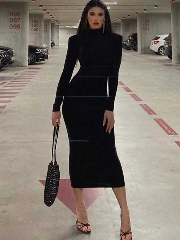 Basic Casual Dresses AHAgaga Winter Office Lady Regular Sexy Bodycon Maxi Dress Women Casual Long Slve Black Slim Dresses Woman Turtleneck Robes H2521