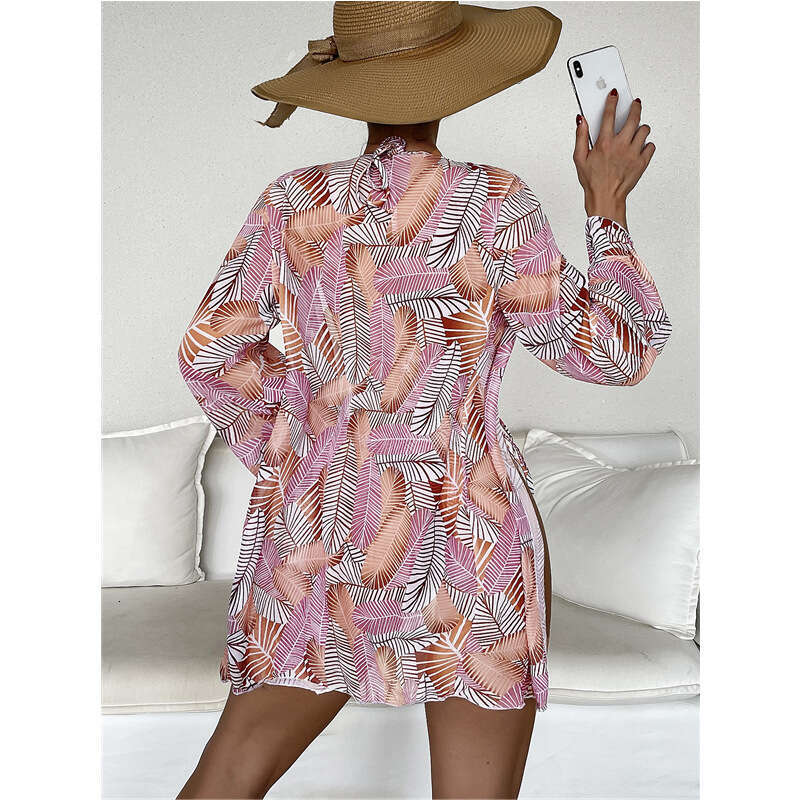 European and American three piece swimsuit with leaf print sexy split beach vacation bikini 2025 new casual versatile fashion clothing