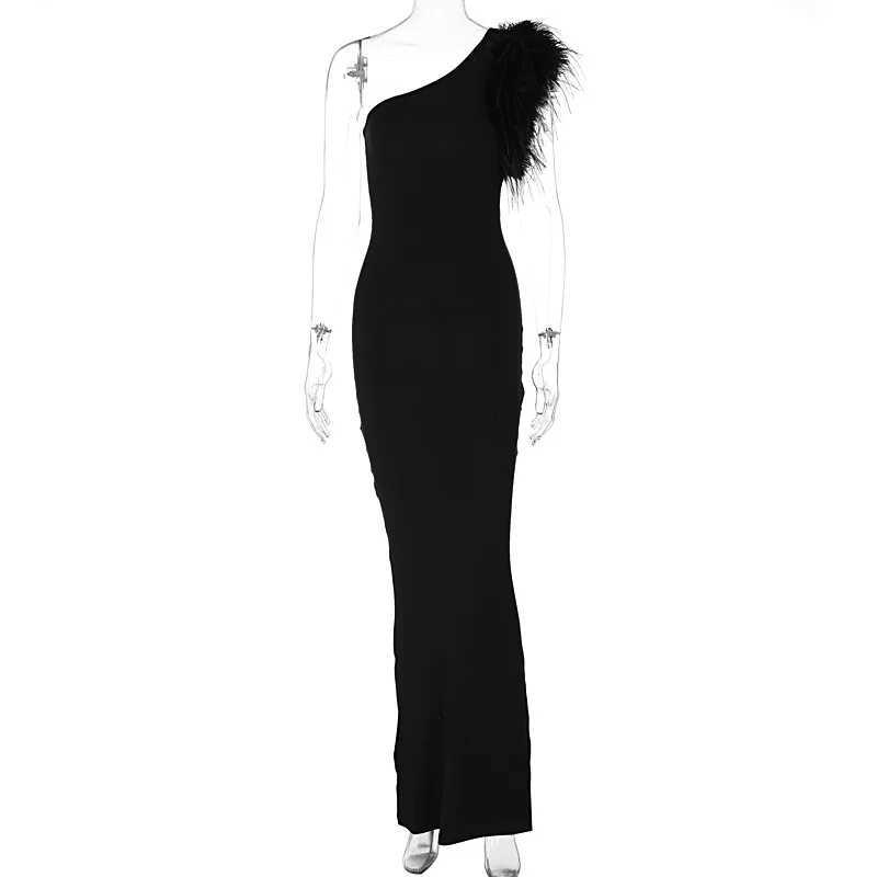 Basic Casual Dresses Lygens Graphic Feather One Shoulder Elegant Midi Dresses Winter Evening Party Club Ladies Y2K Dropshipping New Wommen Clothes H25