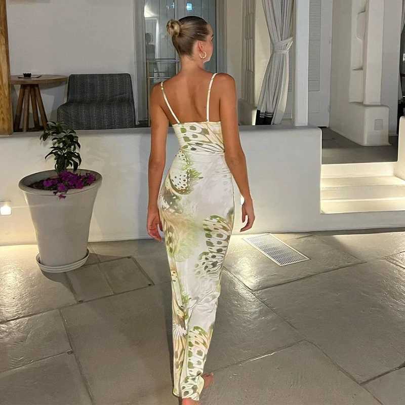 Basic Casual Dresses Lygens Tie Dye Butterfly Print Slveless Ruched Midi Slim Women Dress Elegant Party Ladies Autumn Wholesale 2023 New Clothing H252