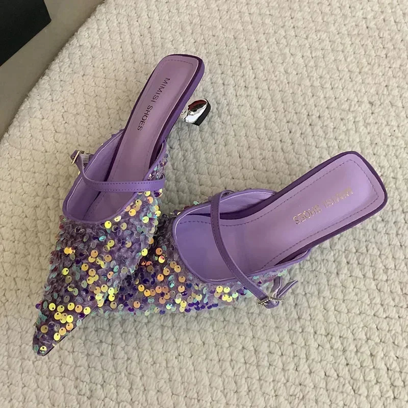 Colorful Bling er Slide Sandals Women Summer Sexy Pointed Toe Women Slippers Elegant Low Heeled Mules Loafers 250213