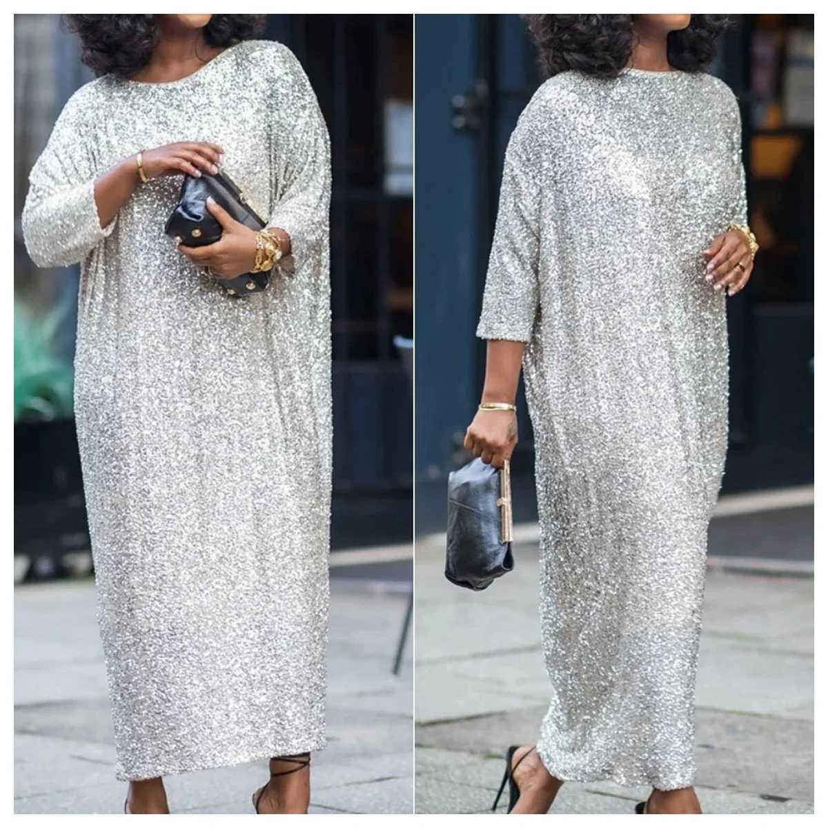 Basic Casual Dresses Women O-neck Thr Quarter Slve Straight Loose Birthday Silver Maxi Dress 2024 Evening Sexy Party Dresses Vestidos H25217