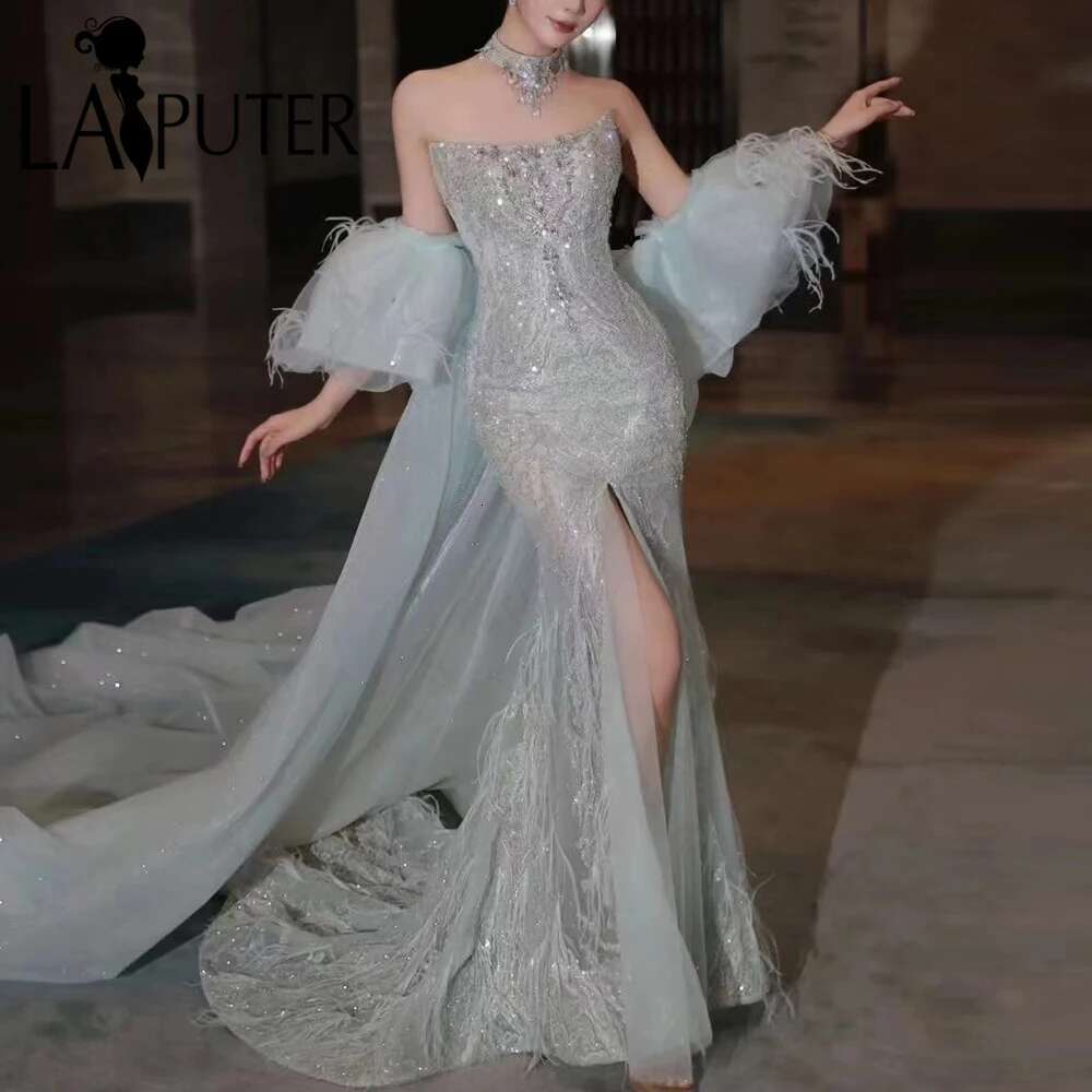 Sequin Blue Mermaid wedding dresses Sier Illusion Body Beaded Formal Dress Off Shoulder Side Sleeves Back Extra Cape Gown