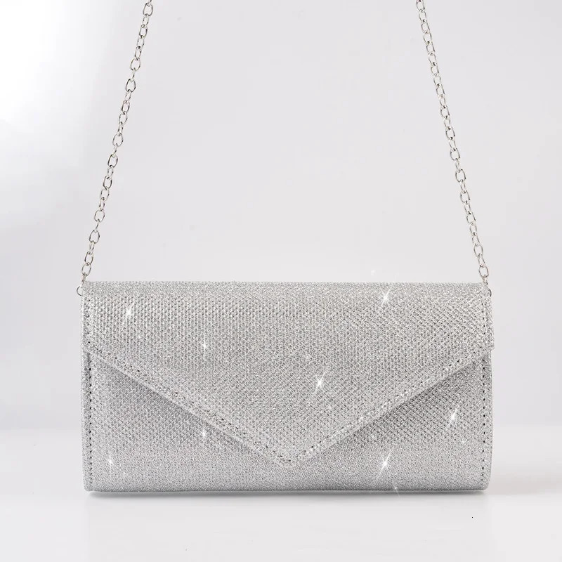 Women Envelope Evening Bag Glitter Ladies Chain Shoulder Bags Shiny Silver Long Purse Female Wedding Party Clutches Mini Handbag 250213