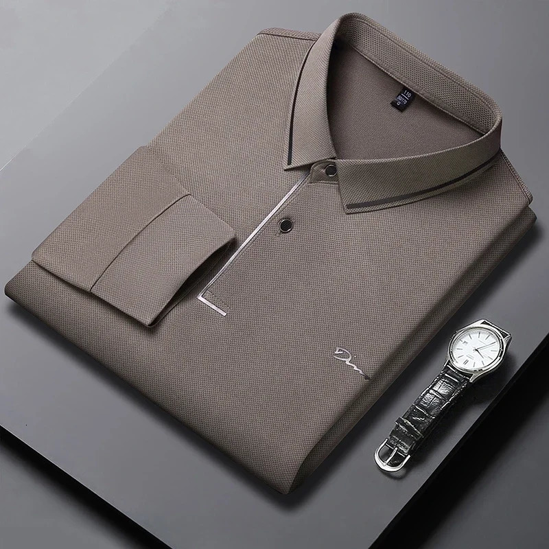 mens business casual long sleeved shirt with badge solid color polo fashionable breathable and comfortable lapel top 250219