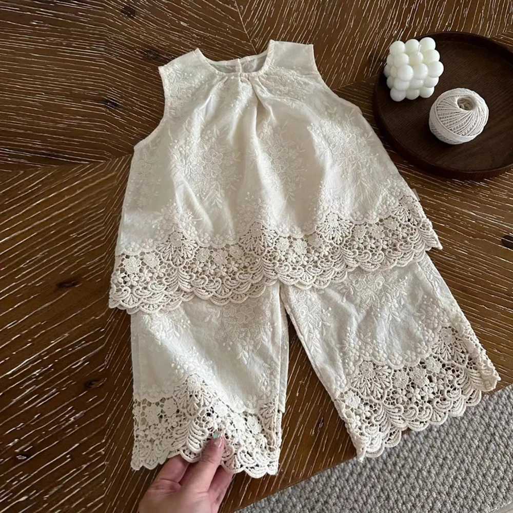2025 Summer 2pcs Toddler Girls Vest Set Solid Floral Lace Children Outfit Clothing for 2-8 Years W250218