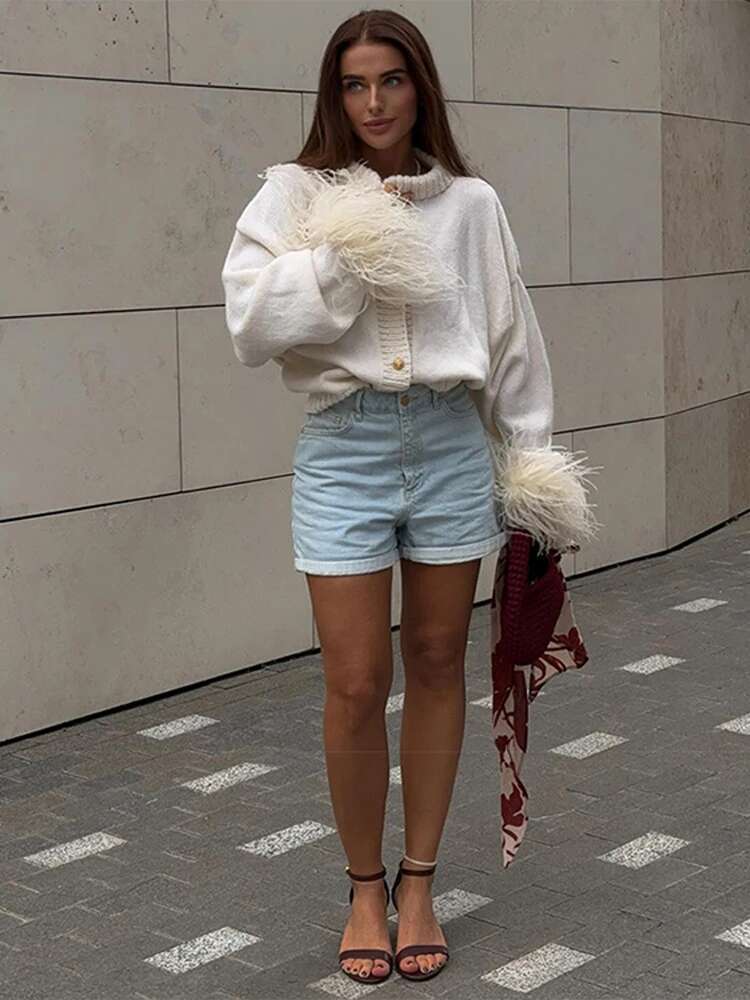 Patchwork Feather Cuffs O-Neck Sweaters Women Elegant Solid Single Breasted Cardigan Lady Fashion Chic Loose Streetwear Tops