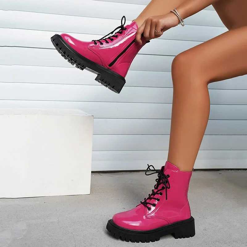 Lucyever 2023 Fi Pink Motorcycle Boots Women Pu Leather Platform Ankle Boots Woman Autumn Winter Plus Size Lace Up ShoesXJ250217