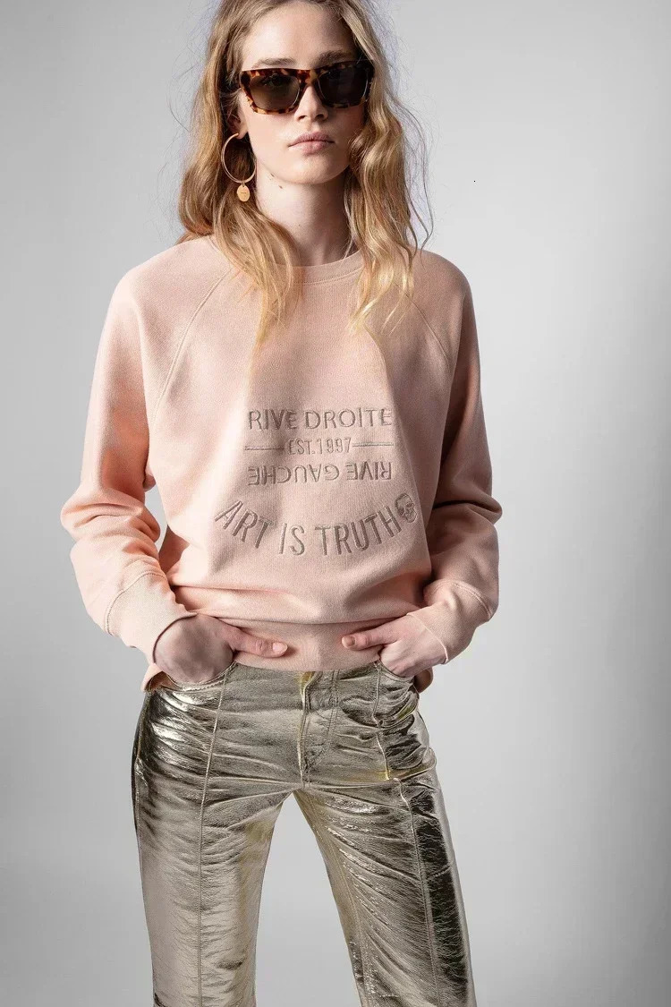 Early Autumn French Niche ZV Classic Letter y Pink Cotton Womens ed Pullover Hoodie 250213