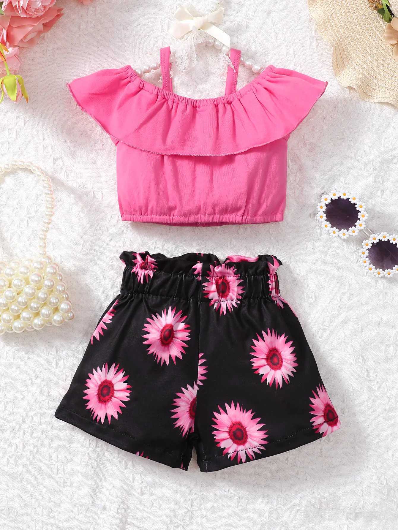 Fashion baby girl summer vacation lace shoulder strap top with floral sunflower print shorts set W250218