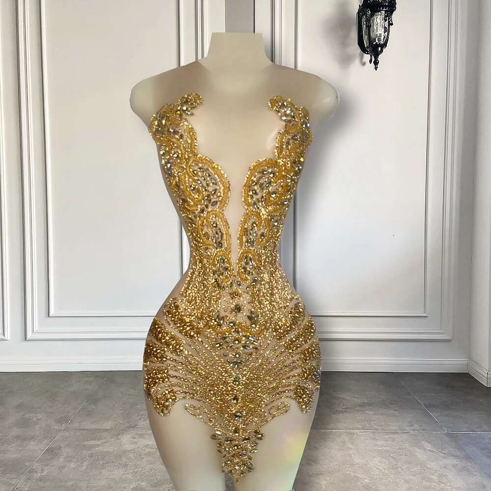 Sheer Sexy See Through Black Girl Short Prom Dress Golden Dia Beaded Crystals Women Tail Party Gowns For Birthday