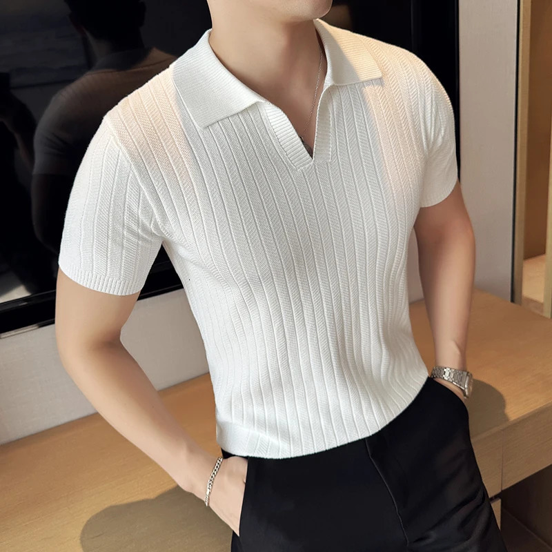 2024 Summer Striped Vneck Knitted Polo Shirt Fashion Mens Short Sleeve Thin Breathable Casual Social Tshirt 4XLM 250213