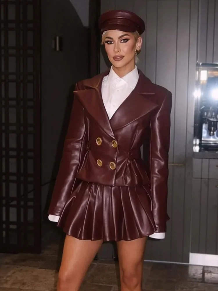 Vintage Wine Red Leather Skirt Set For Women Lapel Long Sleeve Jacket Y2K Pleated Mini Skirts 2 Pieces Suits Lady Street Outfits 250214