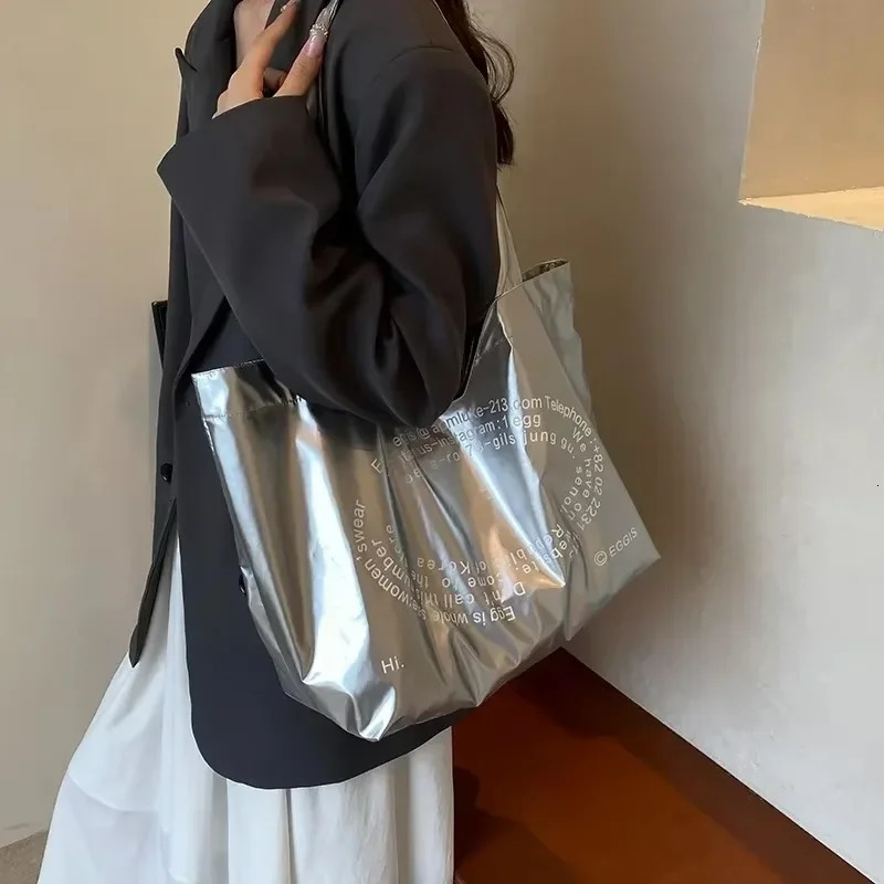 High End Fashion Versatile Large Capacity Bag for Women Niche n Trendy Tote Silver Letter Shoulder 250206