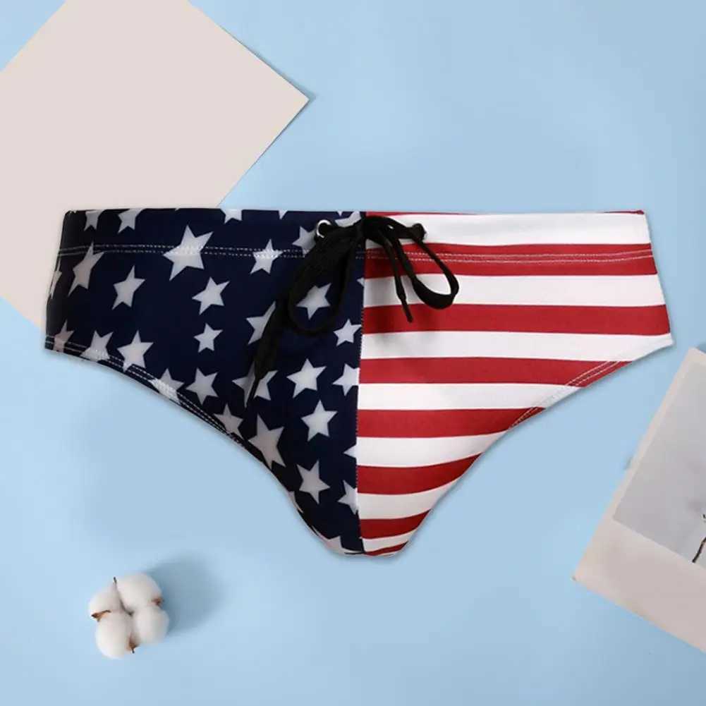 Breathable Men Swim Briefs Trunks Washable Stretchy USA Flags Design Swimming Trunks for Water Activity M250218
