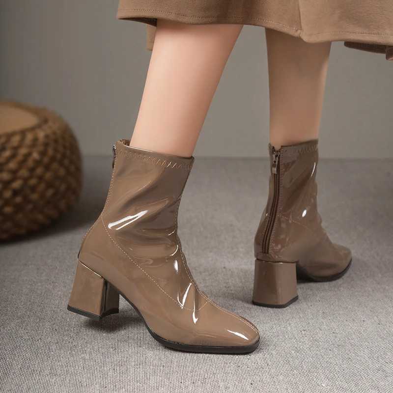 Brand Women Shoes 2023 New Black Patent Leather Fi Square Toe Womens Boots Thick Heel Ladies High Heel Ankle BootsXJ250217
