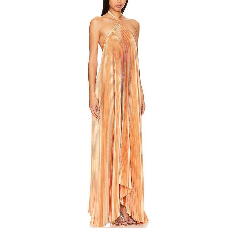 Fashion Pleated Solid Color Long Sexy Halter Hollow Out Loose Evening Women Elegant Sleeveless Backless Party Dress