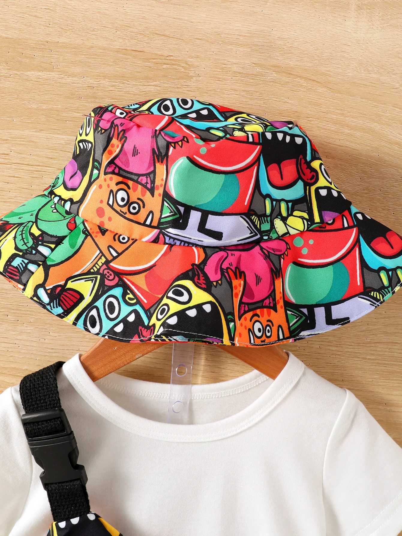 Baby Boys Summer Fashion Funny Four-Piece Pure White T-Shirt Top Monster Print Straddle Bag Pocket Pants Sunscreen Hat W250218