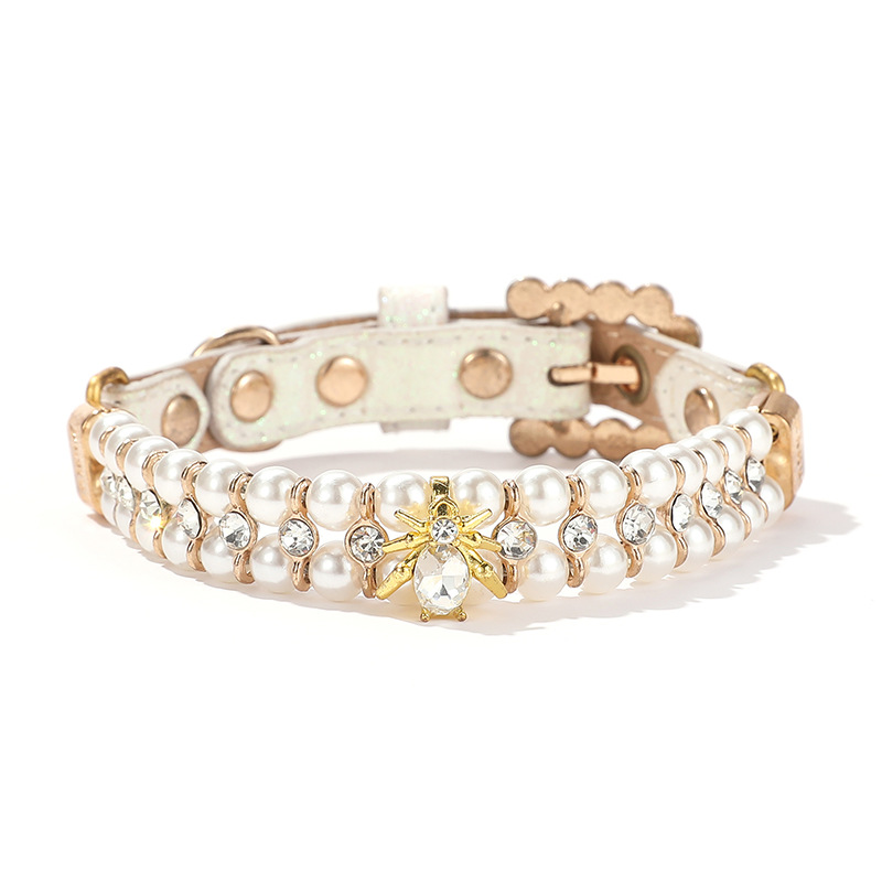 Luxury Pearl Dog Collar with Rhinestone Gold Beetle Accessories, Shiny Leather Dog Collar for Female Puppy Kitten Small Medium Dogs Birthday Gift and 