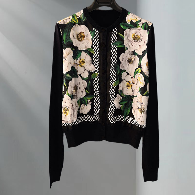 Women's Floral Print Silk Cardigan Fashion Long Sleeve Round Neck Single Breasted Slim Fit Elegant Classic Spring Vacation Style Luxury Designer 