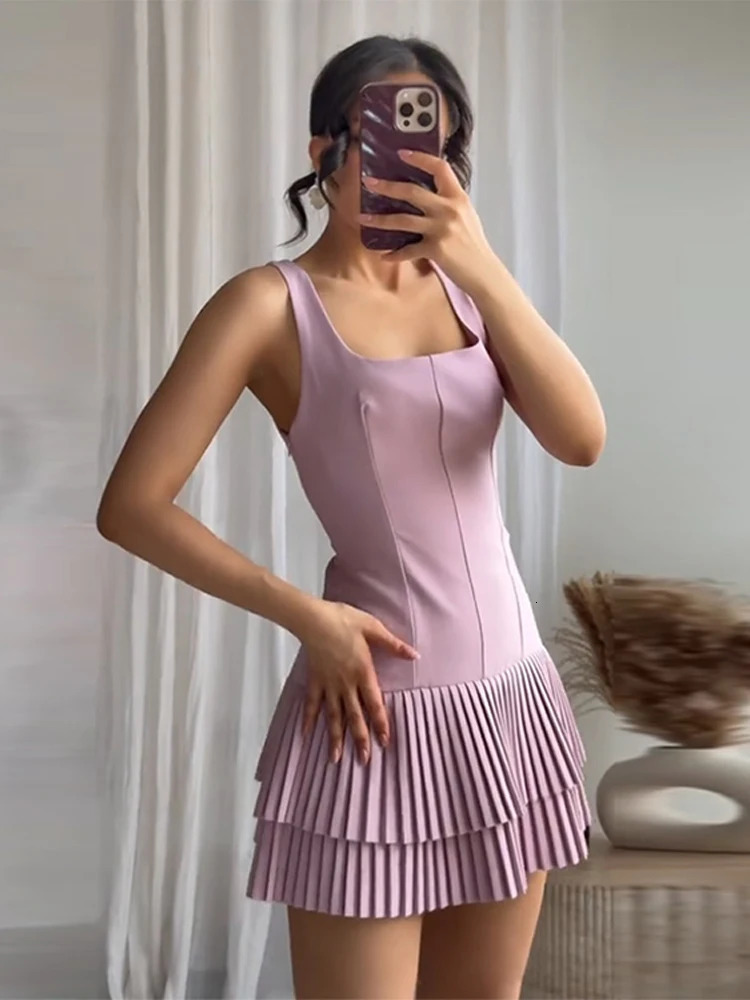 2025 Women Layered Ruffle Hem Tank Dress Square Neck Sleeveless Pleated Short Dresses Spring Summer Street Lady Vestidos 250217