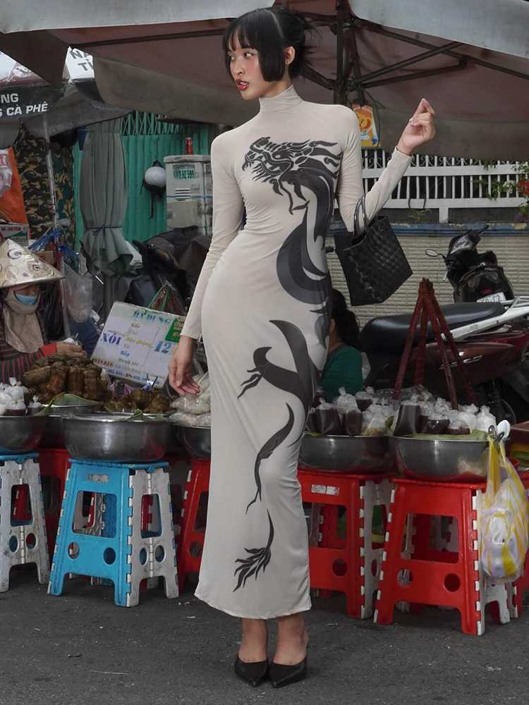 Basic Casual Dresses Ahagaga Fashion Sexy Dragon Printed Dresses For Women Strtwear Regular Casual Turtleneck Long Slve Slim Sheath Vestidos Robe H252