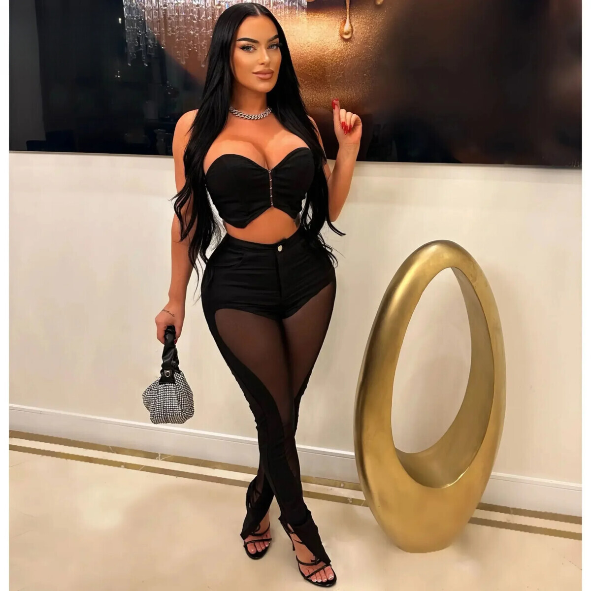 Prowow Sexy Two Piece Women Clothing Set Cropped Tops Mesh Spliced Pant Slim Fit Party Nightclub Wear Suits New Design Outfits