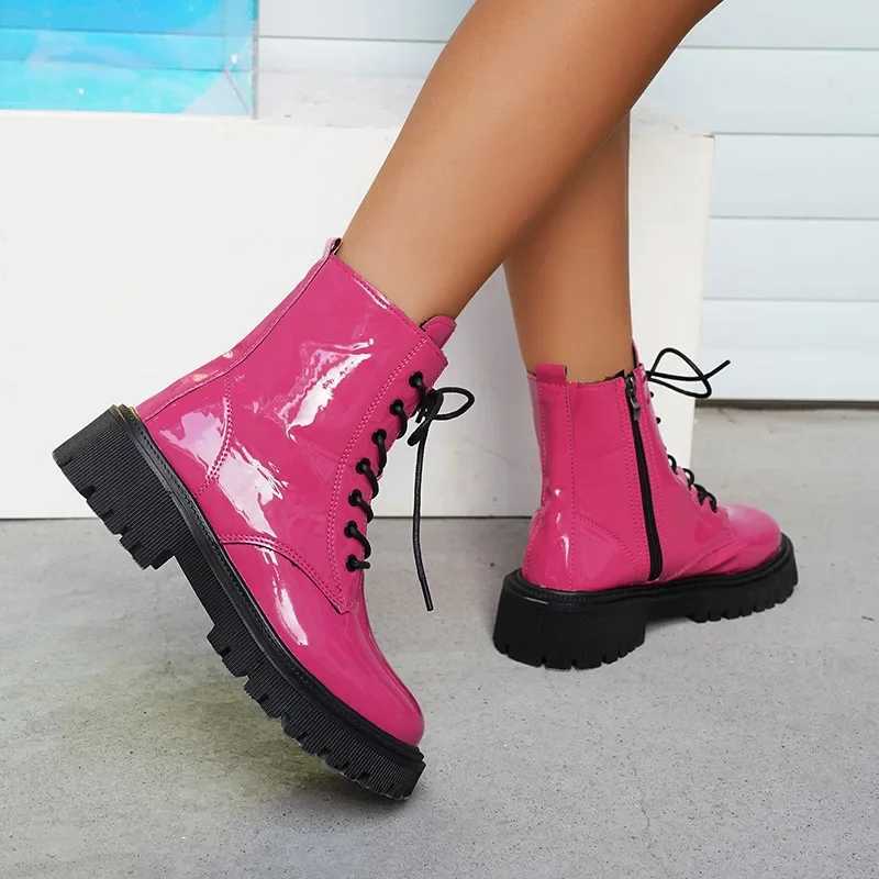 Lucyever 2023 Fi Pink Motorcycle Boots Women Pu Leather Platform Ankle Boots Woman Autumn Winter Plus Size Lace Up ShoesXJ250217