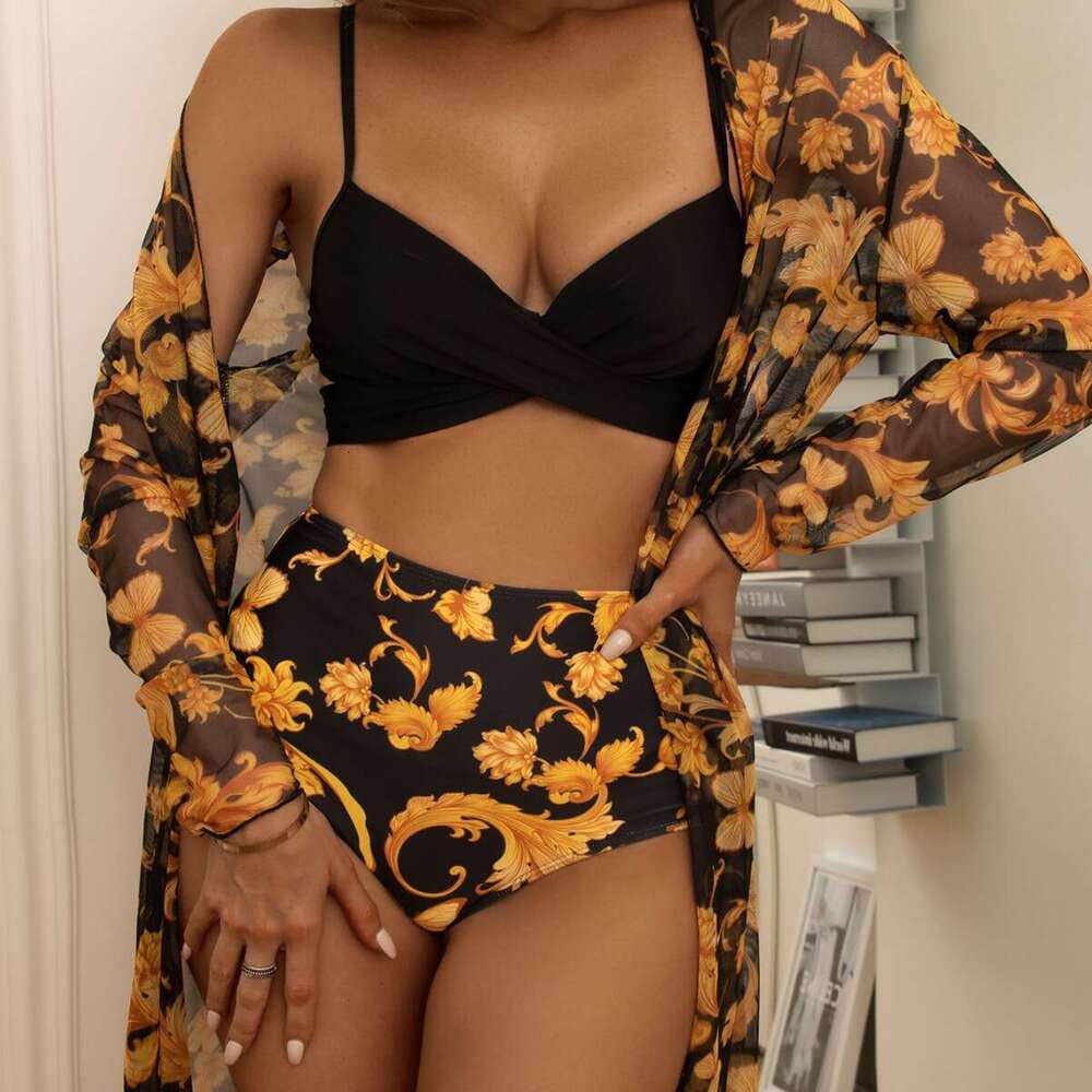 New Bikini Gathering Sexy Mesh Three Piece Set with Split Printed Butterfly Swimsuit for Women Underwears Woman Designer Bikini Swimwear New Arrival