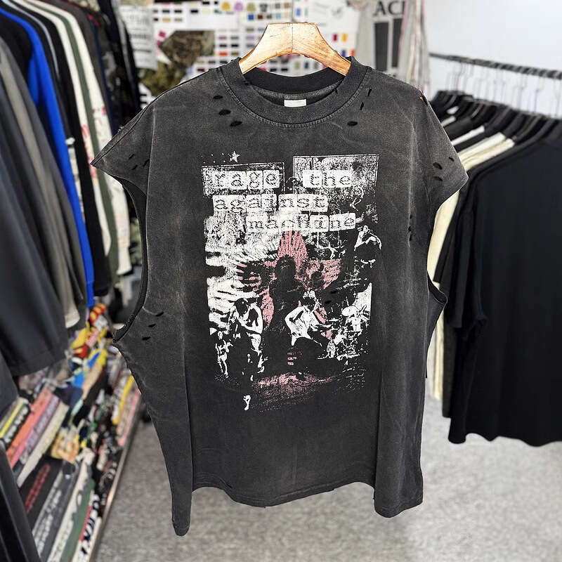 New American style hand water tank top, worn out, washed with white ink, direct spray printed short sleeved T-shirt