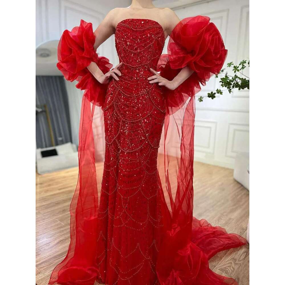 Long Red Cape Mermaid Evening Dresses Gowns With Puff Sleeves Beaded Overskirt And Design Party Customize BLA