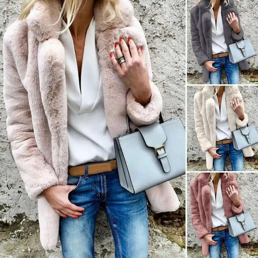 2025 Autumn/Winter New Solid Color Long-Sleeved Lapel Women's Fleece Women Fluffy Jacket Lady Winter Coat