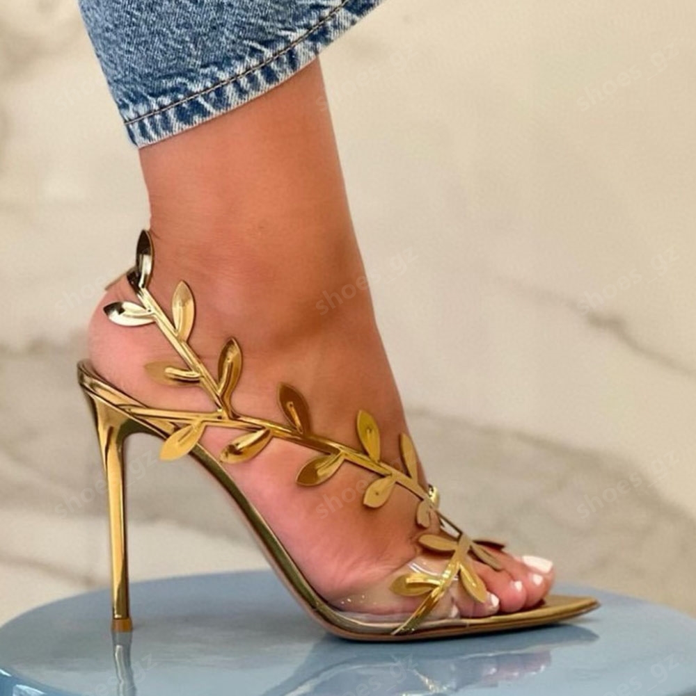 NEW Ancient gold vine leaves PVC stiletto Sandals Women Patent Leather Sexy party high-heeled shoes 10.5cm Summer Shoes Luxury designer sandals With box