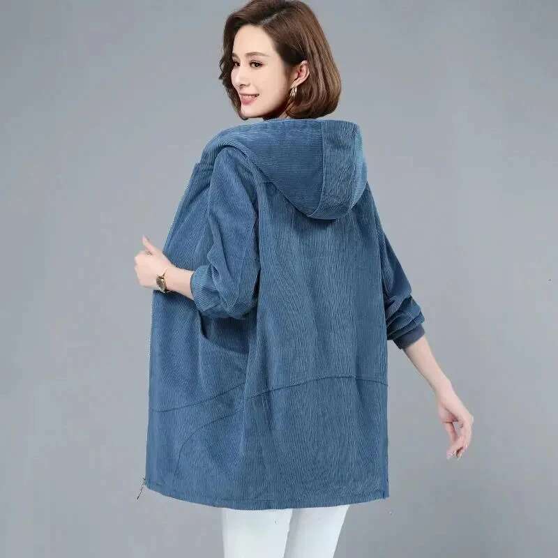 Spring Autumn 2024 New Thin Corduroy Coat 5Xl Women's Medium Long Hooded Jacket Loose Casual Female Zipper Windbreaker Overcoat