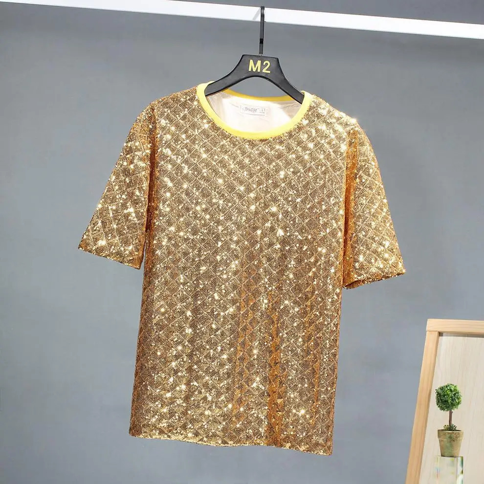 Summer Colorful Shiny Sequin Short Sleeve T Shirt Men Street Casual Hip Hop Tees Tops Stage Performance Costume 250217