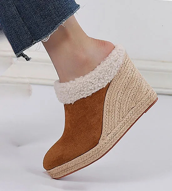 LIHUAMAO Plush lining Wedges heel slipper comfort women mules espadrilles shoes platform pumps comfort slip on loafers sandals 250213